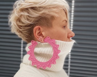 Pink statement earrings Oversized hoop earrings OOAK handmade earrings for woman