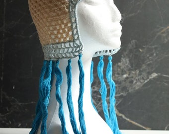 Blue helmet with tassels Blue fake hair Blue crocheted hat