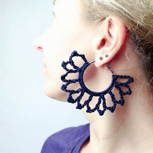 Navy blue hoop earrings Crocheted oversize loop earrings