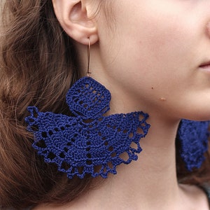 Half circle blue large dangle earrings Boho oversized royal blue lace earrings