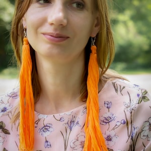 Yellow 10-inch length tassels earrings Statement tassels earrings Extra long drop earrings