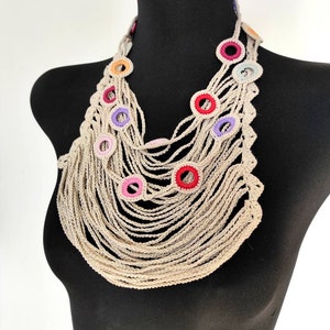 Beige multistrand boho necklace Crocheted necklace