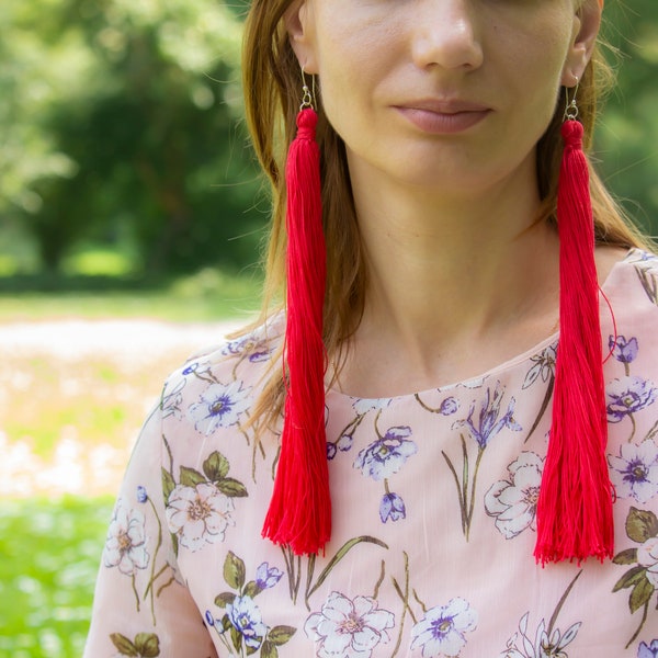 Red 10-inch length tassels earrings Statement tassels earrings Extra long drop earrings