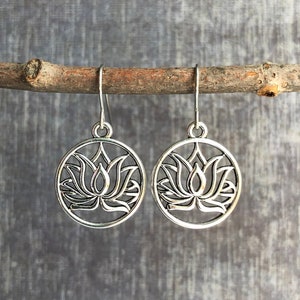 Lotus Earrings / Silver Dangle Earrings / Boho Earrings / Yoga Earrings / Meditation Jewelry / Flower Earrings / Spiritual Earrings