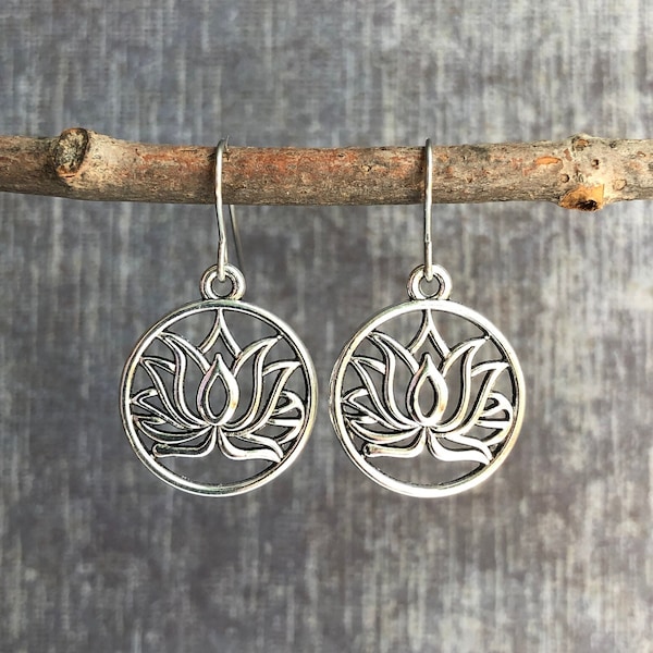 Lotus Earrings / Silver Dangle Earrings / Boho Earrings / Yoga Earrings / Meditation Jewelry / Flower Earrings / Spiritual Earrings