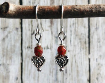 Tiny Heart Earrings / Valentine's Gift / Red Silver Heart Earrings / Heart Jewelry / Heart Dangle Earrings / Valentine's Earrings