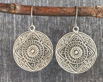 Boho Earrings / Silver Dangle Earrings / Bohemian Drop Earrings / Boho Jewelry / Mandala Earrings / Hippie Earrings / Big Dangle Earrings