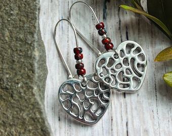Silver Heart Earrings / Red and Silver Heart Boho Earrings / Heart Jewelry / Love Earrings / Dangle Heart Earrings / Earrings Valentine Gift