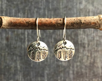 Tiny Forest Dangle Earrings / Rustic Pine Tree Earrings / Stamped Mountain Earrings / Nature Lover Earrings