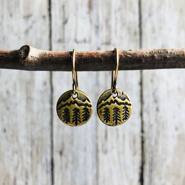 Forest Dangle Earrings / Rustic Pine Tree Earrings / Stamped Mountain Earrings / Nature Lover Earrings / Brass Forest Earrings