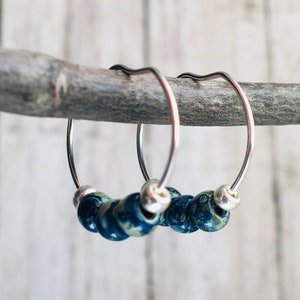 Small Sterling Silver Beaded Hoop Earrings / Rustic Picasso Bead Hoop Earrings / Blue Bead Earrings / Gift For Her