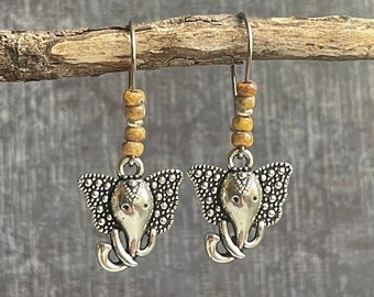 Elephant Dangle Earrings / Elephant Jewelry / Ethnic Tribal Earrings / Beaded Elephant Earrings / Elephant Lover Gift