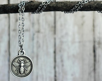 Small Silver Bee Boho Necklace / Spring Summer Pendant Necklace / Hippie Necklace / Rustic Necklace / Bohemian Jewelry / Gift For Her