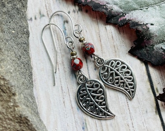 Fall Leaf Beaded Dangle Earrings / Boho Beaded Earrings / Rustic Dangle Earrings / Orange Dangle Earrings / Fall Jewelry / Nature Lover Gift
