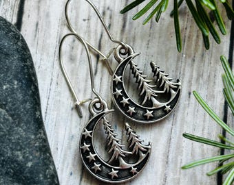 Forest Dangle Earrings | Moon Stars Pine Tree Earrings | Boho Earrings | Nature Earrings | Celestial Jewelry | Nature Outdoor Lover Earrings
