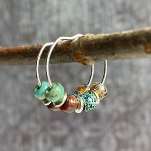 Small Sterling Silver Beaded Hoop Earrings / Rustic Bead Hoop Earrings / Colorful Bead Earrings / Tiny Hoop Earrings / Gift For Her