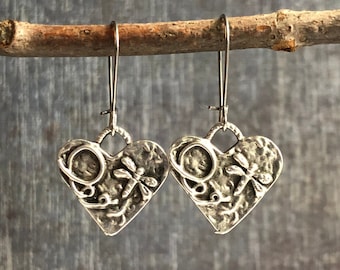 Silver Heart Earrings / Dragonfly Earrings / Heart Jewelry / Boho Earrings / Boho Jewelry / Valentine's Earrings / Gift For Her