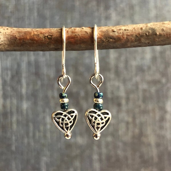 Tiny Celtic Heart Earrings / Silver Heart Earrings / Heart Jewelry / Small Heart Dangle Earrings / Valentine's Earrings / Gift For Her