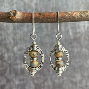 Silver Boho Earrings / Rustic Silver and Tan Earrings / Brown Dangle Earrings / Small Dangle Earrings / Bohemian Earrings / Gift For Her