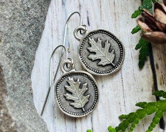 Silver Oak Leaf Earrings / Small Leaf Dangle Earrings / Boho Earrings / Fall Leaf Jewelry / Rustic Jewelry / Gift For Her
