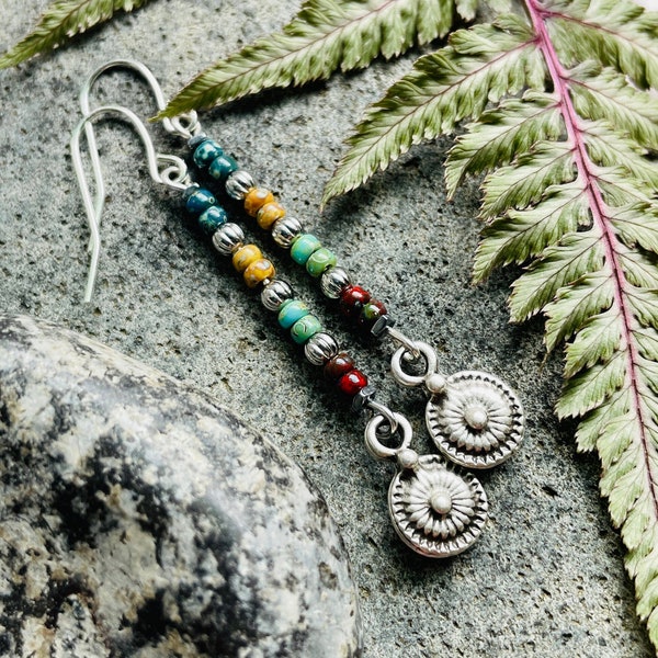 Long Boho Earrings / Slim Stack Earrings / Colorful Earrings / Silver Dangle Earrings / Beaded Earrings / Hippie Earrings / Boho Jewelry