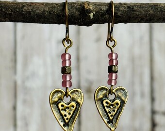 Heart Earrings / Valentine Earrings / Brass Heart Earrings / Heart Jewelry / Boho Earrings / Love Earrings / Rustic Earrings / Gift For Her
