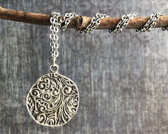 Silver Boho Necklace / Stamped Pendant Necklace / Hippie Necklace / Rustic Silver Necklace / Silver Charm Necklace / Bohemian Jewelry