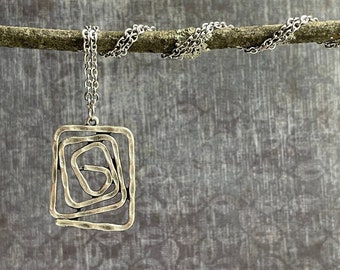 Silver Boho Necklace / Square Pendant Necklace / Geometric Necklace / Rustic Silver Necklace / Hammered Silver Necklace / Bohemian Jewelry