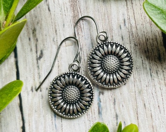 Sunflower Earrings / Silver Earrings / Small Dangle Earrings / Boho Earrings / Flower Earrings / Gift For Her