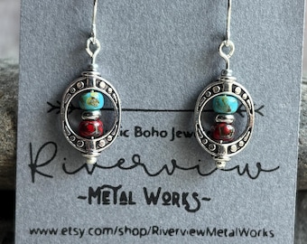 Silver Boho Earrings / Rustic Red and Blue Earrings / Aztec Dangle Earrings / Small Dangle Earrings / Southwest Earrings / Gift For Her
