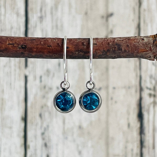 Tiny Silver Dangle Earrings / Small Sapphire Blue Crystal Drop Earrings / Dainty Earrings / September Birthstone Earrings / Gift For Her