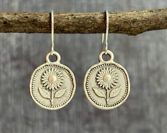 Silver Sunflower Earrings / Flower Dangle Earrings / Small Flower Drop Earrings / Boho Earrings / Sunflower Jewelry / Gift For Her