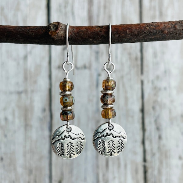 Rustic Silver Forest Earrings / Amber and Silver Dangle Earrings / Boho Earring / Mountain Earrings / Pine Tree Earrings / Nature Lover Gift