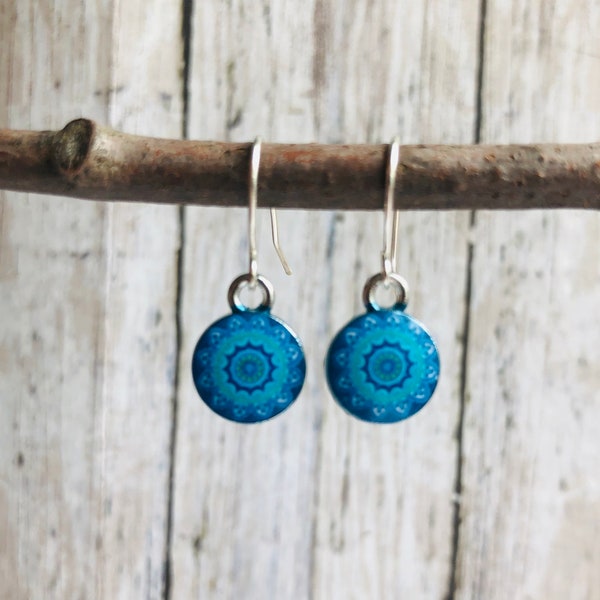 Tiny Blue Dangle Earrings / Little Mandala Earrings / Blue Dangle Earrings / Small Silver Earrings / Minimalist Earrings / Boho Earrings