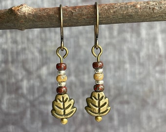 Leaf Earrings / Tiny Brass Dangle Earrings / Boho Earrings / Earthy Earrings / Rustic Dangle Earrings / Fall Earrings / Gift For Her