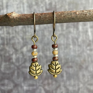 Leaf Earrings / Tiny Brass Dangle Earrings / Boho Earrings / Earthy Earrings / Rustic Dangle Earrings / Fall Earrings / Gift For Her