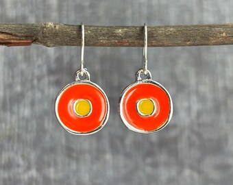 Orange and Yellow Enamel Earrings / Small Silver Dangle Earrings / Colorful Drop Earrings / Modern Earrings Jewelry / Gift For Her