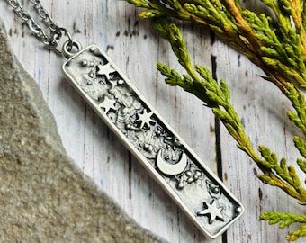 Silver Boho Necklace / Celestial Moon Stars Necklace / Hippie Necklace / Rustic Silver Bar Necklace / Silver Charm Necklace / Jewelry Gift