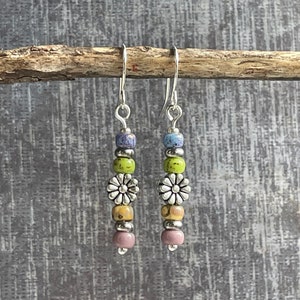 Flower Boho Earrings / Small Stack Earrings / Colorful Pastel Dangle Earrings / Silver Dangle Earrings / Beaded Earrings / Hippie Earrings