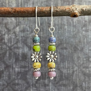 Flower Boho Earrings / Small Stack Earrings / Colorful Pastel Dangle Earrings / Silver Dangle Earrings / Beaded Earrings / Hippie Earrings