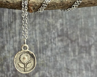 Small Silver Sunflower Boho Necklace / Spring Summer Pendant Necklace / Hippie Necklace / Rustic Necklace / Bohemian Jewelry / Gift For Her