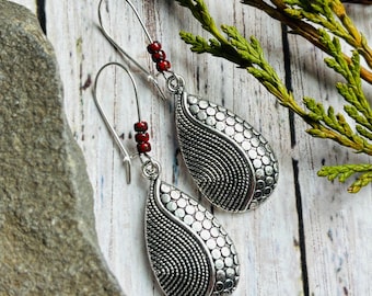 Boho Dangle Earrings / Long Silver Red Beaded Earrings / Boho Drop Earrings / Boho Jewelry / Modern Earrings / Gift For Her