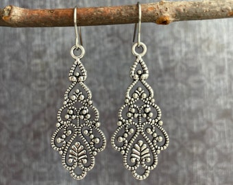 Silver Boho Earrings / Filigree Dangle Earrings / Long Boho Earrings / Bohemian Earrings / Statement Earrings / Gift for Her