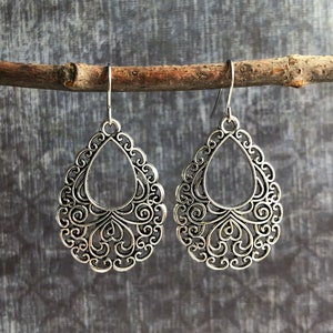 Silver Boho Earrings / Filigree Dangle Earrings / Large Boho Earrings / Bohemian Earrings / Statement Earrings / Gift for Her image 1