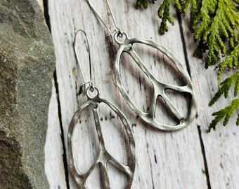 Big Peace Sign Earrings / Large Silver Dangle Earrings / Boho Peace Sign Jewelry / Large Statement Earrings / Gift for Her