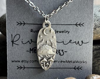 Silver Hedgehog Boho Necklace / Hedgehog Moon Mushroom Necklace / Hippie Necklace / Rustic Silver Necklace / Bohemian Jewelry / Gift For Her
