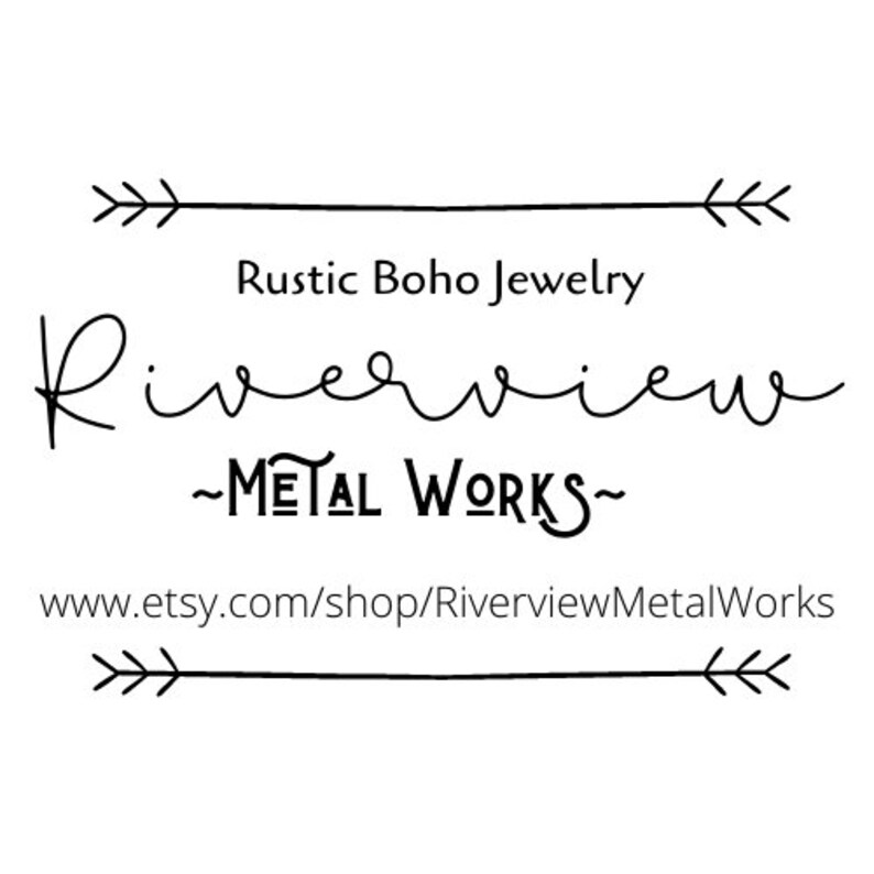 May include: Black and white logo for Rustic Boho Jewelry Riverview Metal Works. The logo features a handwritten font and the text "Riverview Metal Works". The website address is www.etsy.com/shop/RiverviewMetalWorks.