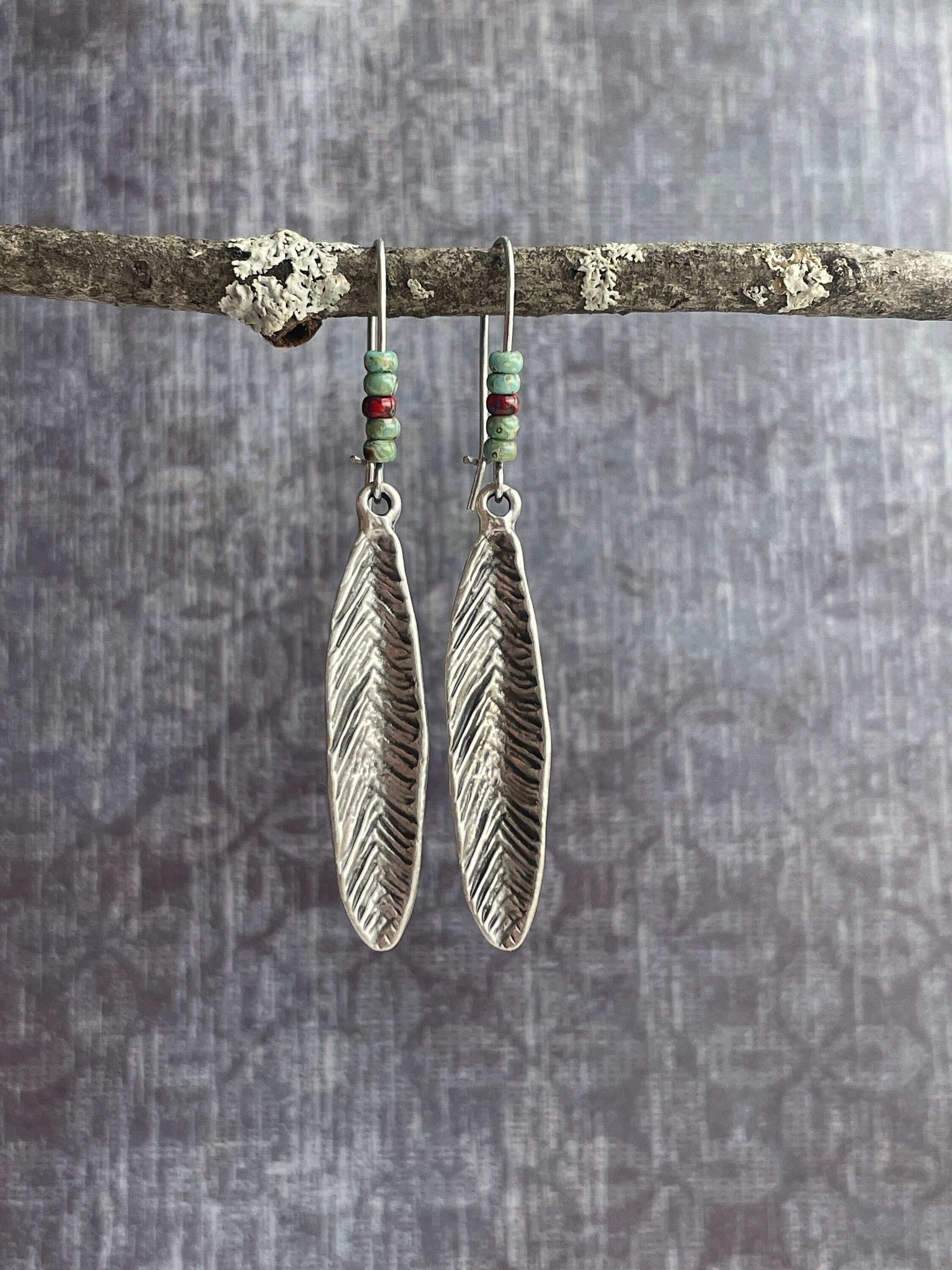 Silver Feather Earrings / Beaded Dangle Earrings / Southwest Earrings / Feather Jewelry / Tribal Earrings / Boho Earrings / Earrings Gift