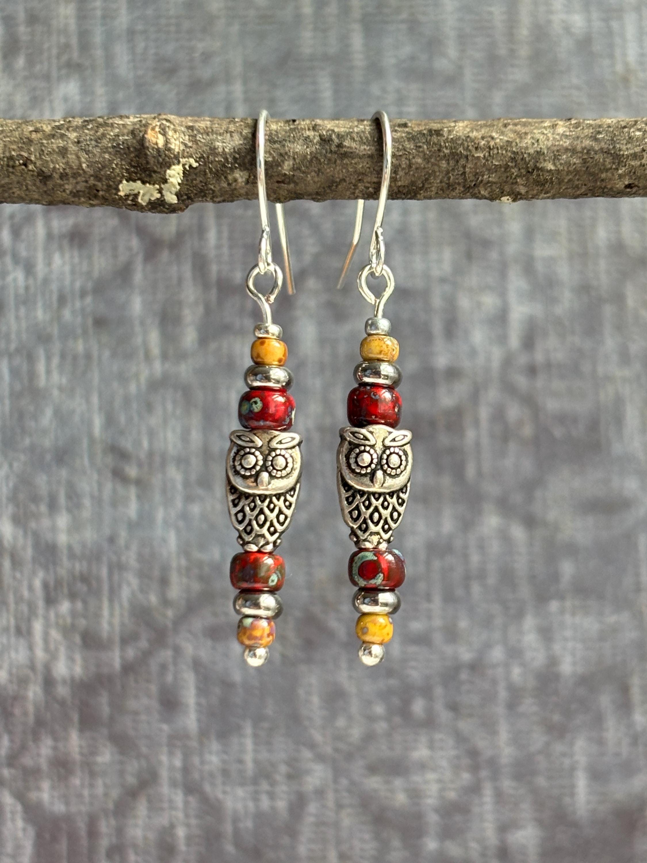 Owl Boho Earrings / Long Stack Earrings / Beaded Dangle Earrings / Silver Boho Earrings / Ethnic Ear