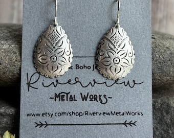 Small Flower Boho Earrings / Etched Silver Dangle Earrings / Boho Jewelry / Rustic Earrings / Earrings  Gift /  Fast Shipping!